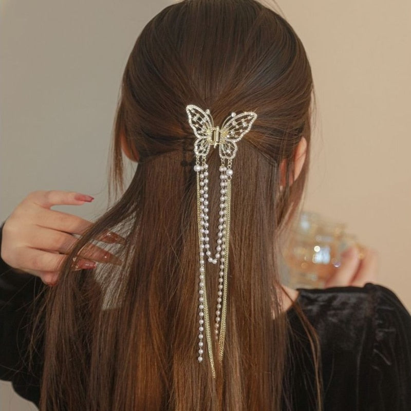 Korean Butterfly  Pearl Tassel hair clip Women crystal Simple hair claw clip  Shark crab Clips girls Hairpin Hair Accessories